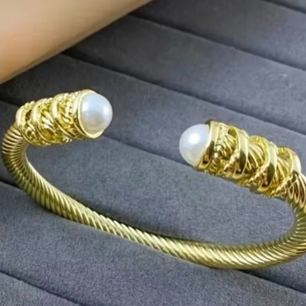 Titanium Steel 18k Gold Plated Stone Twisted Metal Bangle Bracelet